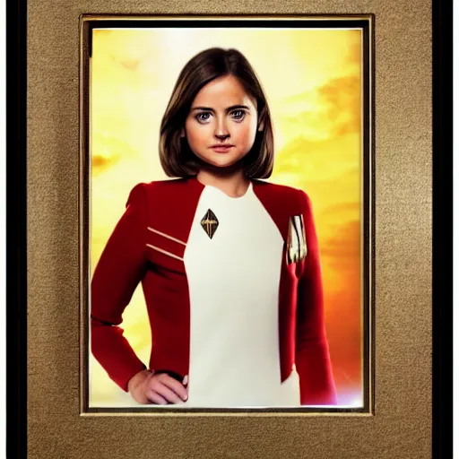 Image similar to a beautiful full body photograph of younger jenna coleman as a star fleet officer from star trek next generation, full dress uniform, symmetrical face, extreme realism and detail, 8 k, completely framed, direct lighting, 3 5 mm photo, photorealistic, sharp focus