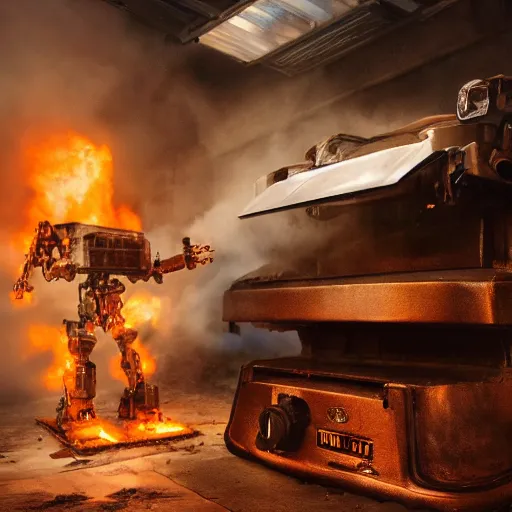 Prompt: head of toaster oven mecha, dark messy smoke - filled cluttered workshop, dark, dramatic lighting, orange tint, cinematic, highly detailed, sci - fi, futuristic, movie still