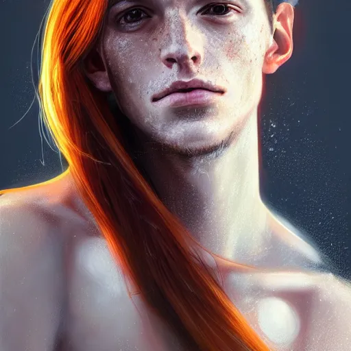 Image similar to portrait of a thin young man with long red hair, ponytail, a lot of freckles on his face, an earring, intricate, elegant, glowing lights, highly detailed, digital painting, artstation, concept art, smooth, sharp focus, illustration