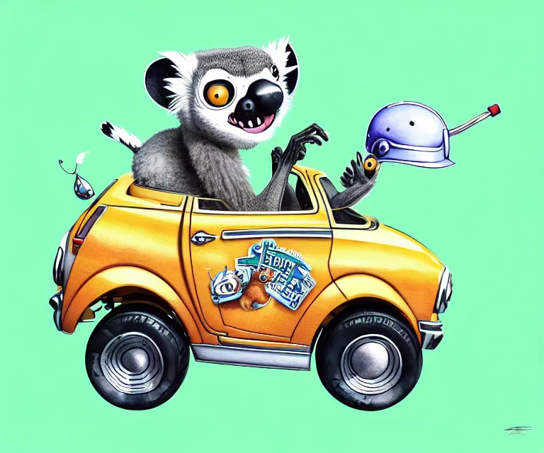Image similar to cute and funny, lemur wearing a helmet riding in a tiny hot rod with oversized engine, ratfink style by ed roth, centered award winning watercolor pen illustration, isometric illustration by chihiro iwasaki, edited by beeple, tiny details by artgerm, symmetrically isometrically centered