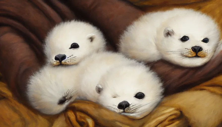 Prompt: highly detailed painting of cute furry white baby seals cuddling up in a big pile of socks by william turner, thick brush strokes and visible paint layers, 4 k resolution