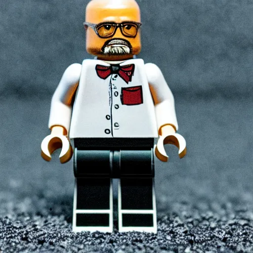 Prompt: macro photography of a minifigure of walter white walking on the carpet, 3 5 mm