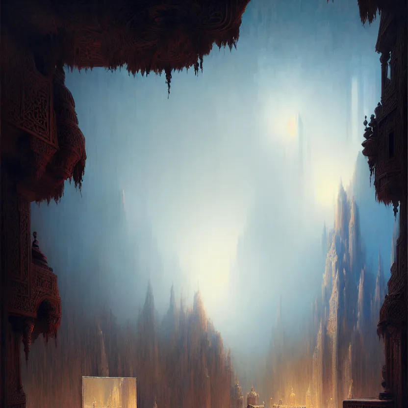 Prompt: magic fluffy Persian carpet & mirror dimension, vertical labyrinth structure, vast vistas, by Greg Rutkowski and Gaston Bussiere, dim lighting, beautiful volumetric-lighting-style atmosphere, surreal atmosphere, intricate, detailed, photorealistic imagery, artstation