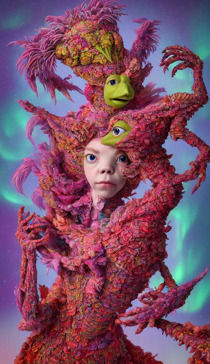 Image similar to hyper detailed 3d render like a Oil painting - kawaii portrait of four Aurora (a beautiful skeksis muppet fae queen from dark crystal that looks like Anya Taylor-Joy) seen red carpet photoshoot in UVIVF posing in scaly dress to Eat of the Strangling network of yellowcake aerochrome and milky Fruit and His delicate Hands hold of gossamer polyp blossoms bring iridescent fungal flowers whose spores black the foolish stars by Jacek Yerka, Ilya Kuvshinov, Mariusz Lewandowski, Houdini algorithmic generative render, Abstract brush strokes, Masterpiece, Edward Hopper and James Gilleard, Zdzislaw Beksinski, Mark Ryden, Wolfgang Lettl, hints of Yayoi Kasuma and Dr. Seuss, octane render, 8k