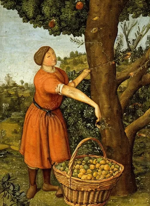 Prompt: a 1 6 th century oil painting of a medieval peasant picking fruit from a tree, holding a basket. high quality scan