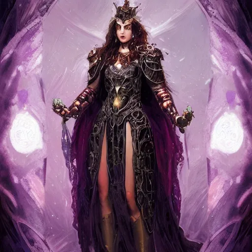 Prompt: masterpiece digital painting of a beautiful woman knight portrait, centered, heavy black obsidian armor, chaotic ruby inlays, large cape, by kev walker and greg rutkowski and mucha and luis royo, atmospheric fog effects background, purple sparkles, artstation, deviantart, closer view, cinematic lights