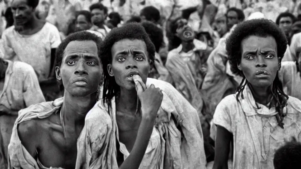 Image similar to 1984 Ethiopian famine, Live Aid, atmospheric, portrait, movie scene, hd, 4k, wide angle