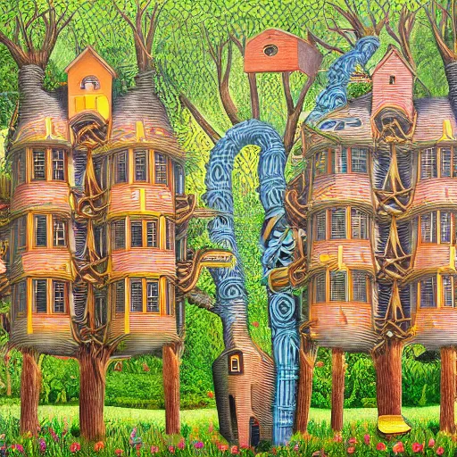 Image similar to a highly detailed multi story house entangled with trees by jacek yerka, 8k, vivid