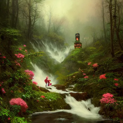 Image similar to candy mountain, ornate, beautiful, atmosphere, vibe, mist, smoke, fire, chimney, rain, wet, pristine, puddles, melting, dripping, snow, creek, lush, ice, bridge, green, forest, roses, flowers, by stanley artgerm lau, greg rutkowski, thomas kindkade, alphonse mucha, loish, norman rockwell