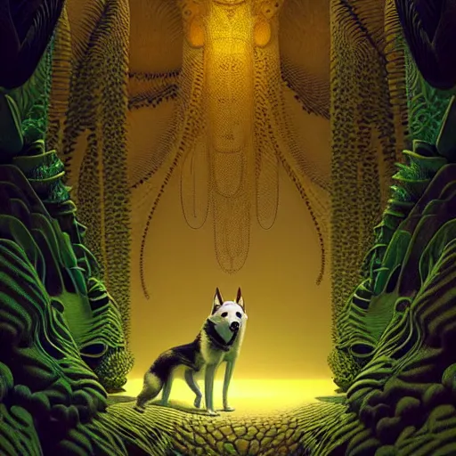 Image similar to alaskan husky creature creature in a desert lush oasis, warm tones, bioluminescent bioluminescent translucent translucent : : by guillermo del toro, daniel merriam, victo ngai and michal karcz : : ornate, dynamic, particulate, intricate, elegant, highly detailed, centered, artstation, smooth, sharp focus, octane render