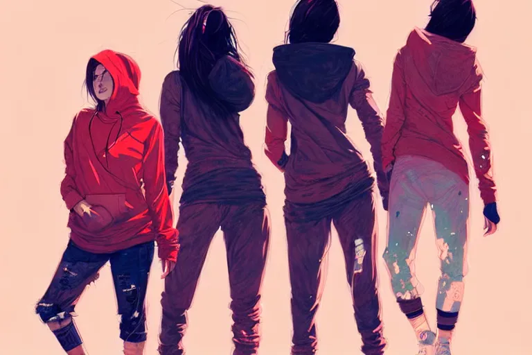 Image similar to a ultradetailed painting of three women in a oversized hoodie and sneakers by conrad roset, greg rutkowski and makoto shinkai trending on artstation