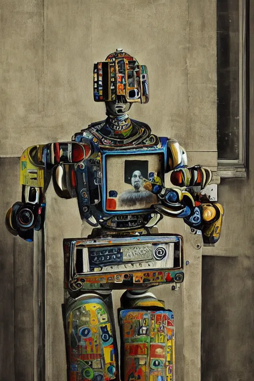 Image similar to robot monk painting a self - portrait on a canvas. intricate, highly detailed, photorealistic, film still, by christopher doyle.