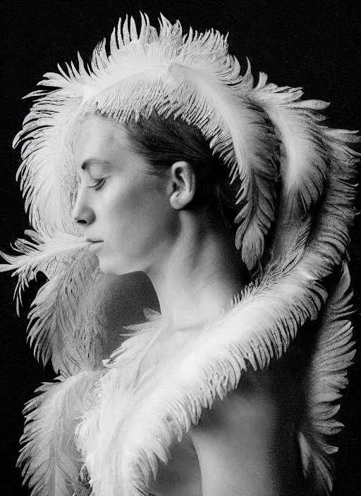 Image similar to a woman's face in profile, made of elaborate swan feathers, in the style of the Dutch masters and Gregory Crewdson, dark and moody