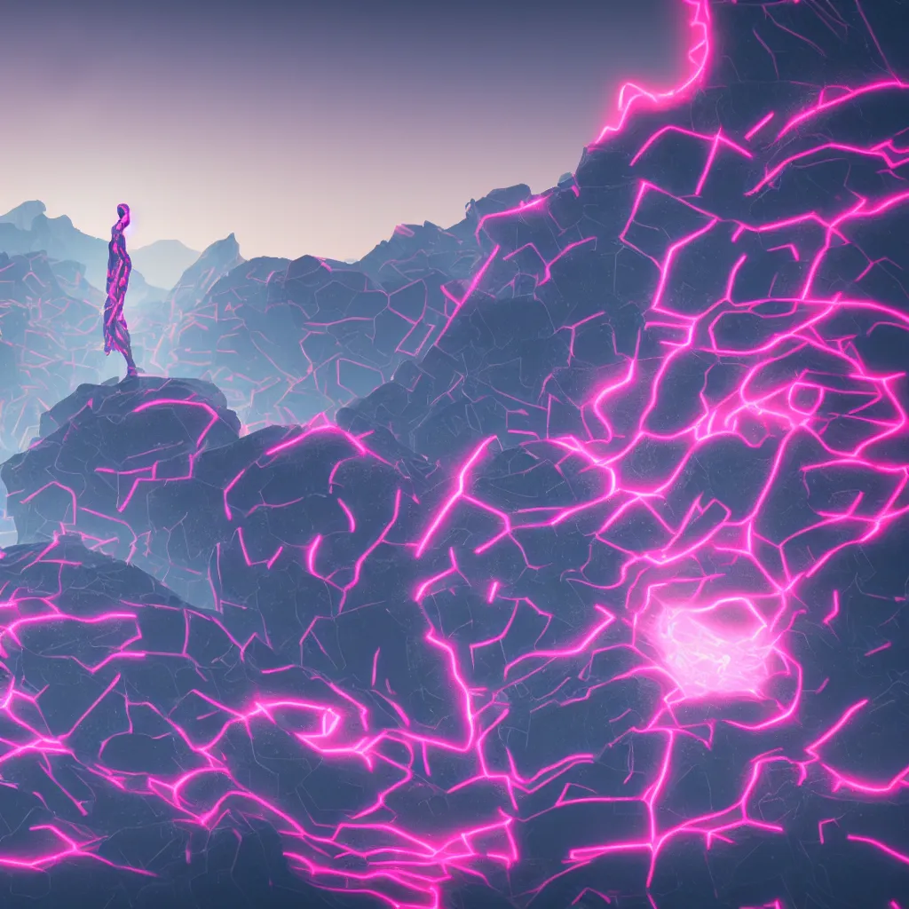 Image similar to manikin made of marble, fractal neon explosion revealing a portal to a vaporwave paracosm, mountains and city in background, rule of thirds, clean linework, dramatic, moody, introspective, cinematic, award winning, 4 k, trending on artstation, photorealistic, volumetric lighting, octane render