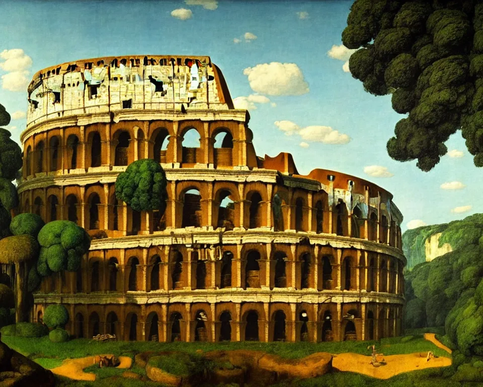 Image similar to an achingly beautiful print of the Colosseum in a jungle clearing with a cascading waterfall in the distance by Raphael, Hopper, and Rene Magritte. detailed, romantic, enchanting, trending on artstation.