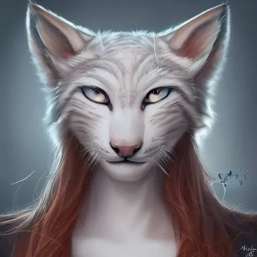 Prompt: beautiful realistic portrait of white anthropomorphic lynx cat by artgerm, furry fantasy art