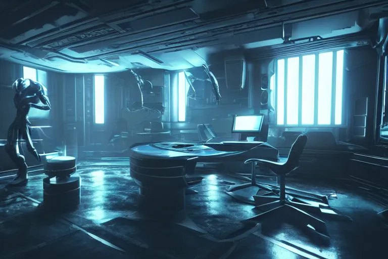 Image similar to cyberpunk alien concept inspired room, futuristic look, highly detailed body, very powerful, photorealistic camera shot, bright studio setting, studio lighting, crisp quality and light reflections, unreal engine 5 quality render