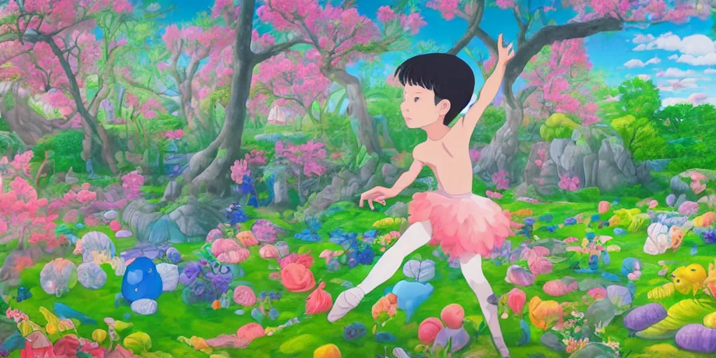 Image similar to a young boy practicing ballet in the backyard of a castle, illustration, digital art, flat painting, vivid colors, flat colors, cinematic, surreal, wide angle, made by chiho aoshima, inspired by studio ghibli, trending on artstation, detailed