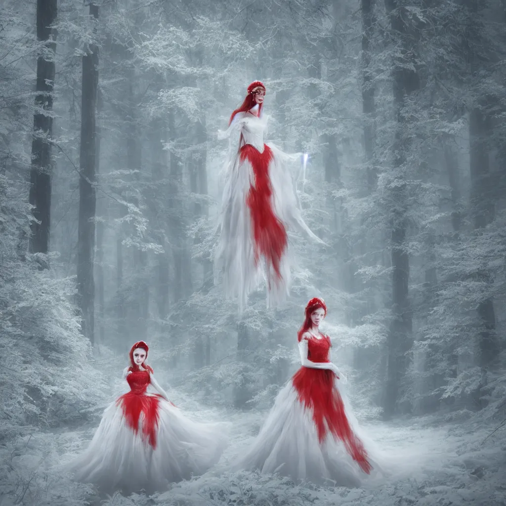 Image similar to extremely detailed picture of a princess wearing all white in a red forest, octane render, aesthetic