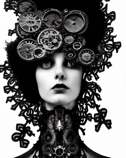 Image similar to surreal dark poetic black and white photo portrait of complex bio-mechanical beautiful young silver female vegetal-cyborg with a Mandelbrot fractal steampunk metal fine lace face, a very long neck and a fine metal floral foliage super big lace collar by Vivienne Westwood:: smoke, high fashion, haute couture, rococo, steampunk, avant-garde, silver filigree details, anatomical, facial muscles, cable wires, microchip, elegant, dreamy, foggy atmosphere, hyper realistic, 150 mm lens, soft rim light, octane render, unreal engine, picture was taken in 1910 by Man Ray, volumetric lighting, dramatic light,8k,