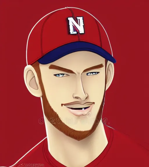 Prompt: tall skinny white guy with very short blonde beard wearing a nc state red baseball cap and red shirt full color digital illustration in the style of don bluth, artgerm, artstation trending, 4 k