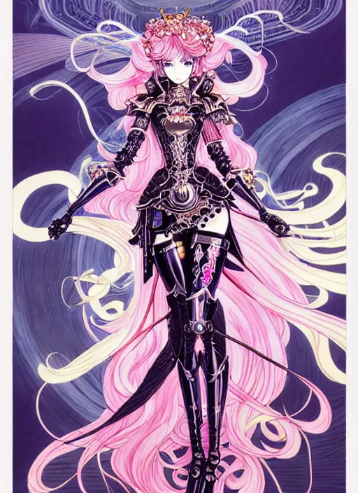 Image similar to exquisite imaginative fate manga poster of princess mechine, long curl hair, art nouveau, armor, ruffles, fluorescent, illustration, artstation, dark fantastic, highly detailed, 8 k, maximalist, by katsuhiro otomo, shigenori soejima, minaba hideo, jump comics