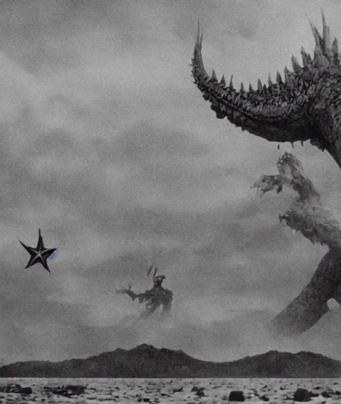 Image similar to a filmstill of a north korean monster movie, kaiju - eiga monster with starfish - arms trampling a traditional korean palace, foggy, film noir, epic battle, etheral, explosions, communist propaganda, communist epic thriller, by kim jong - il and akira kurosawa and tim burton, video compression