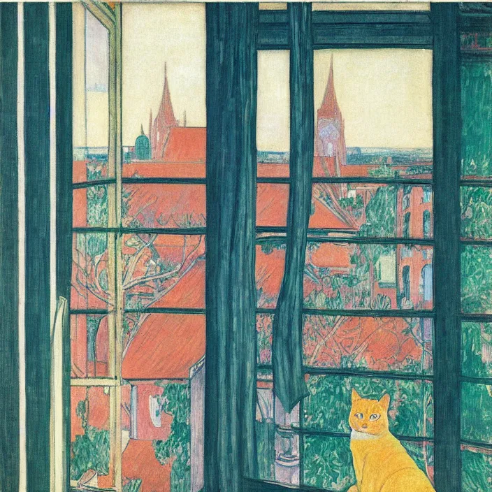 Image similar to portrait of woman in colourful kimono, white cat and house plant with city with gothic cathedral seen from a window frame with curtains. cloudy sunset. bonnard, henri de toulouse - lautrec, rene magritte, utamaro, matisse, monet