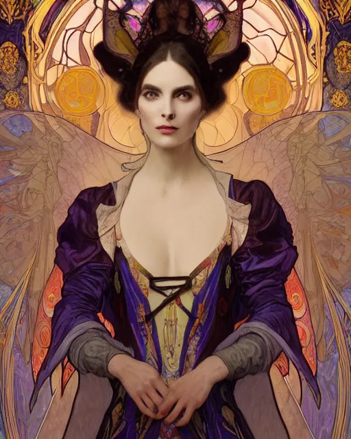 Prompt: wlop and alfons mucha detailed portrait digital rococo painting of a beautiful serious cat wearing fantasy clothing like liliana vess. the cat has black angel wings, evil mood, hellish battlefield in the background, unreal engine, embers flying, hyper realism, realistic shading, cinematic composition, blender render, octane render, ultrawide shot