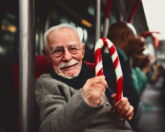 Prompt: an old man on a city bus holding a candy cane, portra 4 0 0 candid photograph portrait by annie leibovtz, 3 5 mm shot, f / 3 2, hyperrealistic, cinematic lighting, hd wallpaper, 8 k, 4 k