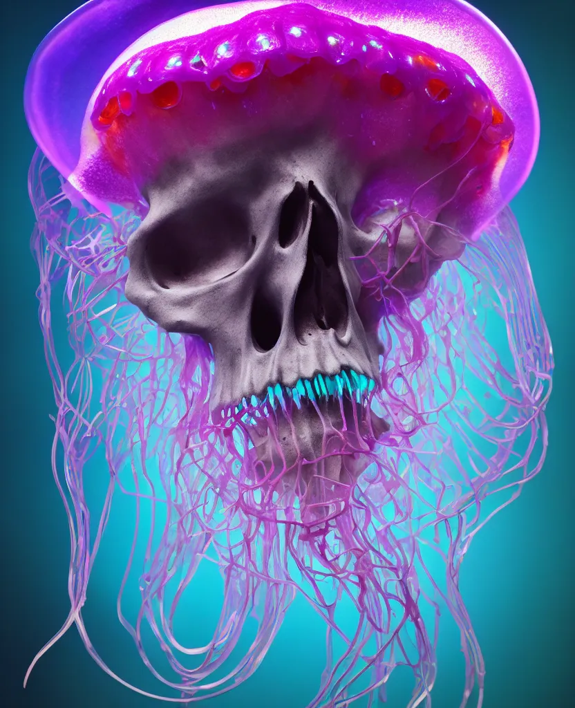 Image similar to close-up portrait of skull dichroic orchid jellyfish skull, betta fish, bioluminiscent creatures, intricate artwork by Tooth Wu and wlop and beeple. octane render, trending on artstation, greg rutkowski very coherent symmetrical artwork. cinematic, hyper realism, high detail, octane render, 8k