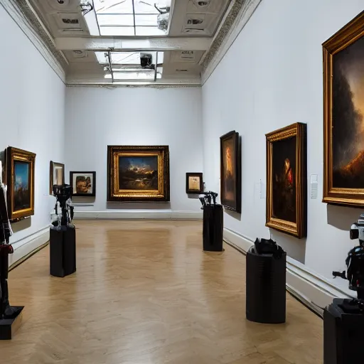 Prompt: a professional photo of a museum full of classical oil paintings. in the middle of the floor stands a mean looking robot, holding a camera.
