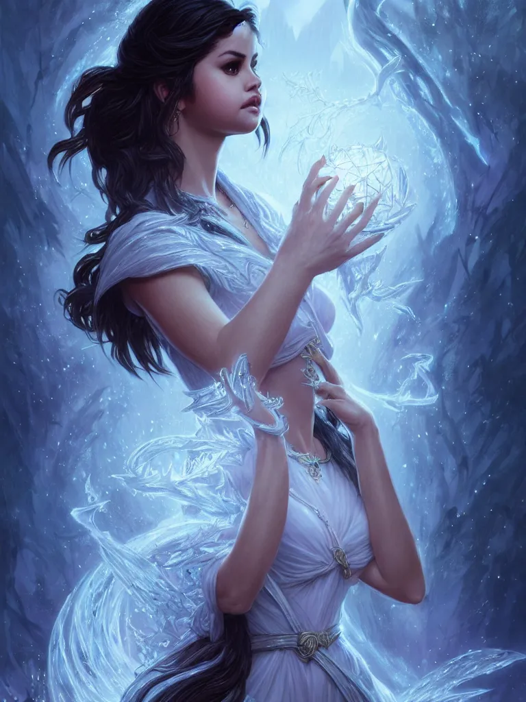 Image similar to Selena Gomez casting an frost spell, D&D, fantasy, intricate, elegant, highly detailed, digital painting, artstation, concept art, matte, sharp focus, illustration, hearthstone, art by Artgerm and Greg Rutkowski and Alphonse Mucha