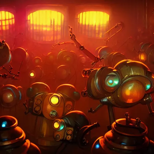 Prompt: steampunk robots dancing at a night club by otto dix and greg rutkowski and andreas rocha, cinematic lighting, warm colours, ultra realistic, unreal engine, trending on artstation, 4 k