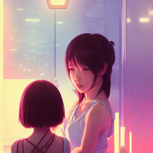 Prompt: very small little girl by ross tran : : reaching into their reflection in the mirror by sana takeda : : rtx reflections, very high intricate details, digital anime art by artgerm, medium shot, mid - shot, composition by ilya kuvshinov, lighting by greg rutkowski