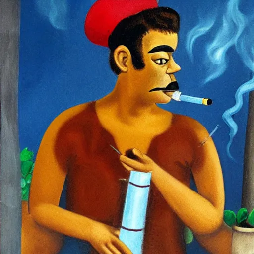 Image similar to mario smoking a cigarette painted by frida khalo
