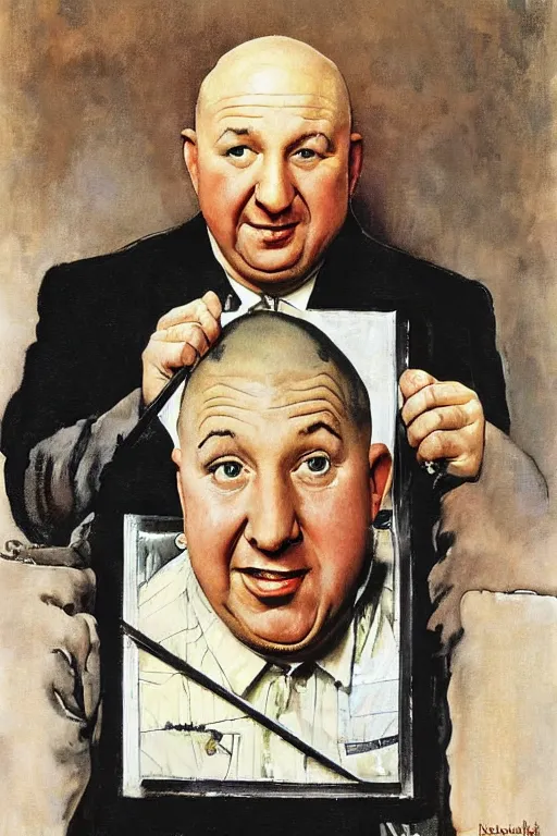 Prompt: curly howard from the three stooges painted by norman rockwell