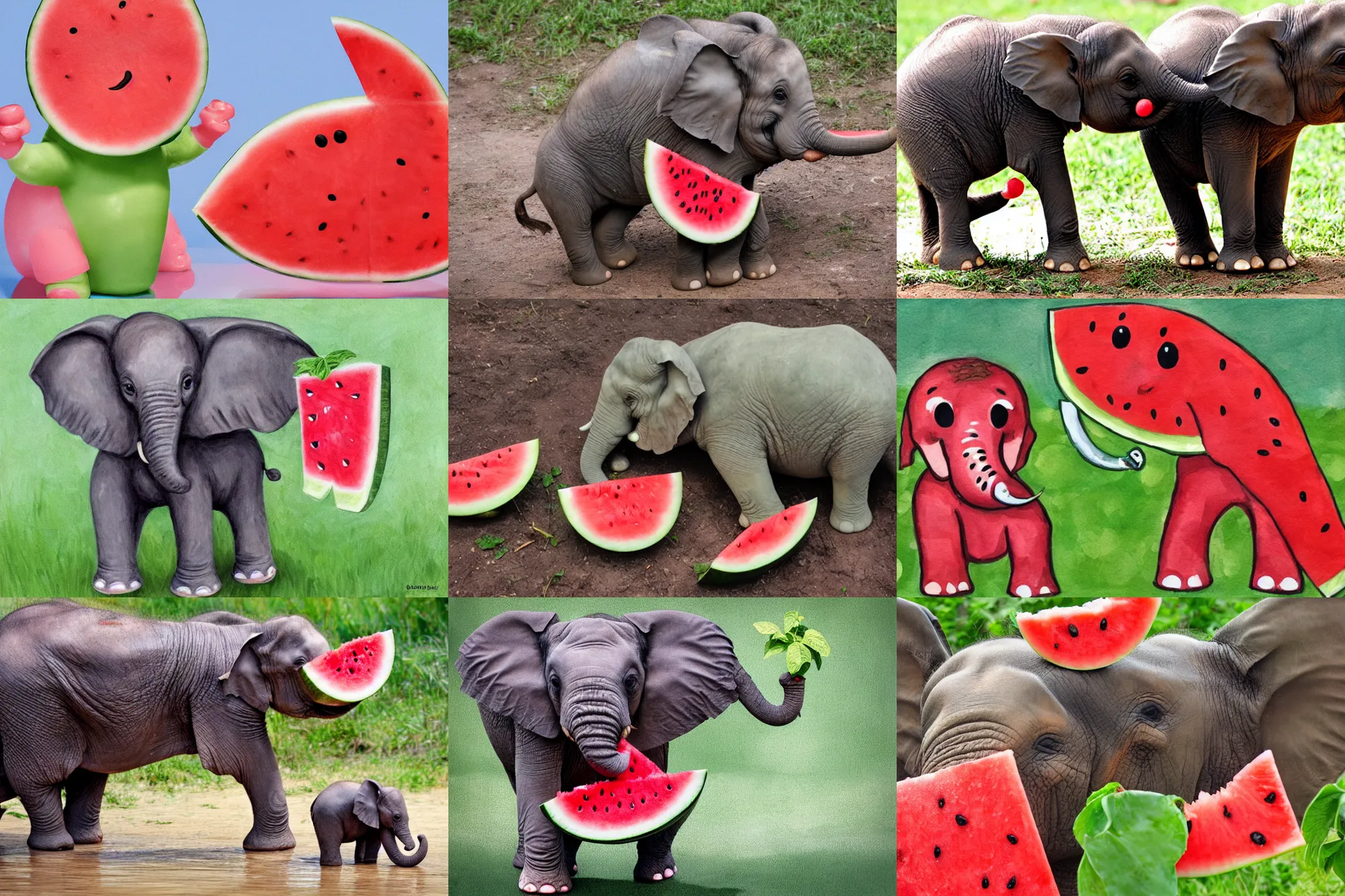 Prompt: little elephant bathes in watermelon