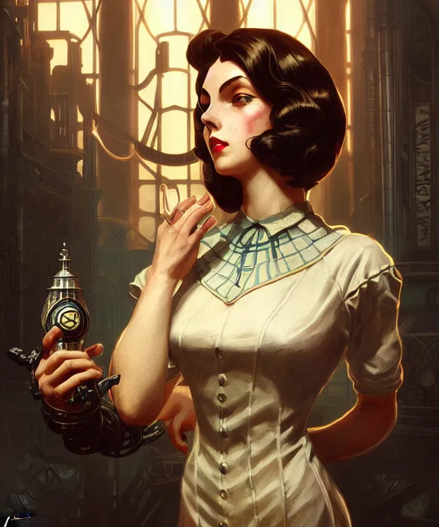 Image similar to big sister from the game bioshock, intricate, elegant, highly detailed, digital painting, artstation, concept art, smooth, sharp focus, illustration, art by artgerm and greg rutkowski and alphonse mucha