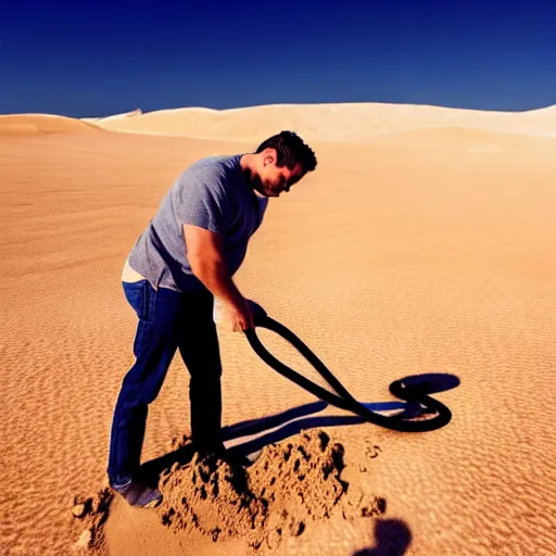 Prompt: beautiful photograph of a man vacuuming sand in a desert