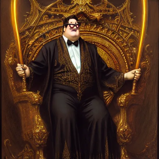 Image similar to perfectly centered portrait of peter griffin in gold gothic robe sitting on a throne of black bones, highly detailed painting by gaston bussiere, craig mullins, j. c. leyendecker, 8 k, mid shot