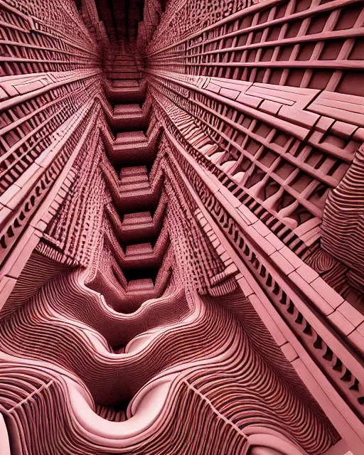 Image similar to detailed realistic architectural painting of hundreds of alien mandelbulb gates stacked like jenga made of carved out ivory shades of red by mc escher