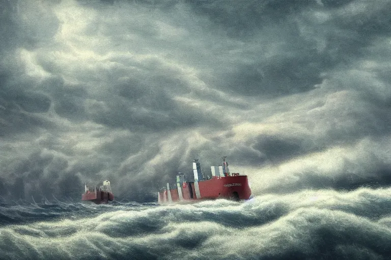 Image similar to merchant ship fleet in a storm, in the style of vernon grant and chris van allsburg, raging stormy sea, trending on artstation, bright tilt - shift camcorder effect, photoshop, retrowave, hyperrealism, octane, sharp focus, masterpiece