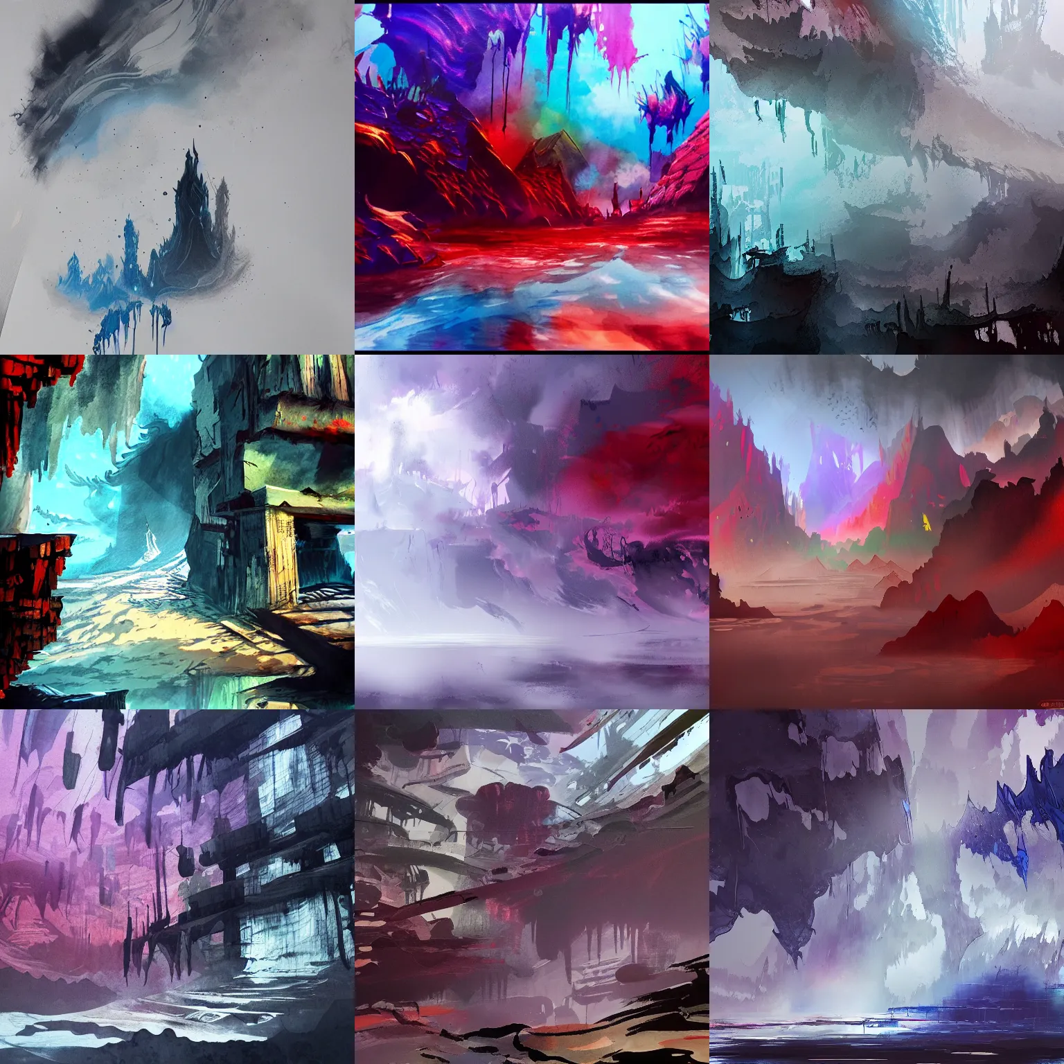 Prompt: Ink drop painting of a epic environment, concept art, abstract, color mix