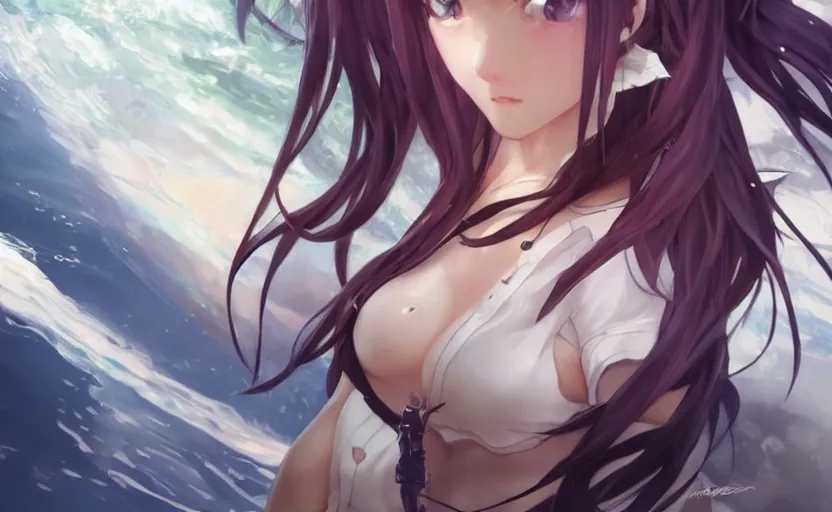 Prompt: highly detailed, character art, octane, anime art, stunning, realistic lightning, realistic ocean, characters from azur lane, matte, sharp focus, intricate, 150mm, illustration, artstation, art by artgerm and WLOP and Krenz Cushart and greg rutkowski and alphonse mucha, realistic human anatomy, smooth, female sailor uniforms