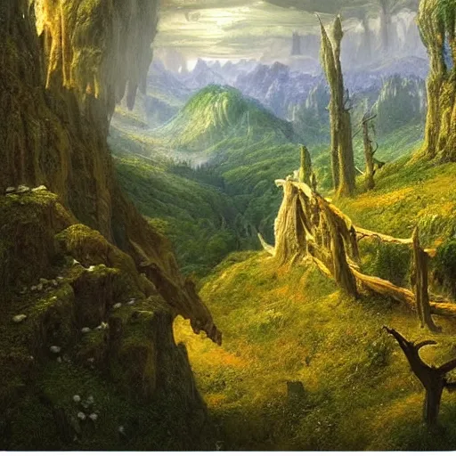 Image similar to a beautiful and highly detailed matte painting of a dreamy valley deep in the foresty mountains, intricate details, epic scale, insanely complex, 8 k, sharp focus, hyperrealism, very realistic, by caspar friedrich, james gurney, brian froud,