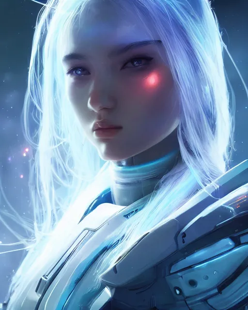 Image similar to perfect android girl on a mothership, warframe armor, beautiful face, scifi, futuristic, galaxy, nebula, bae suzy, dreamy, long white hair, blue cyborg eyes, sharp focus, cinematic lighting, highly detailed, artstation, divine, by gauthier leblanc, kazuya takahashi, huifeng huang