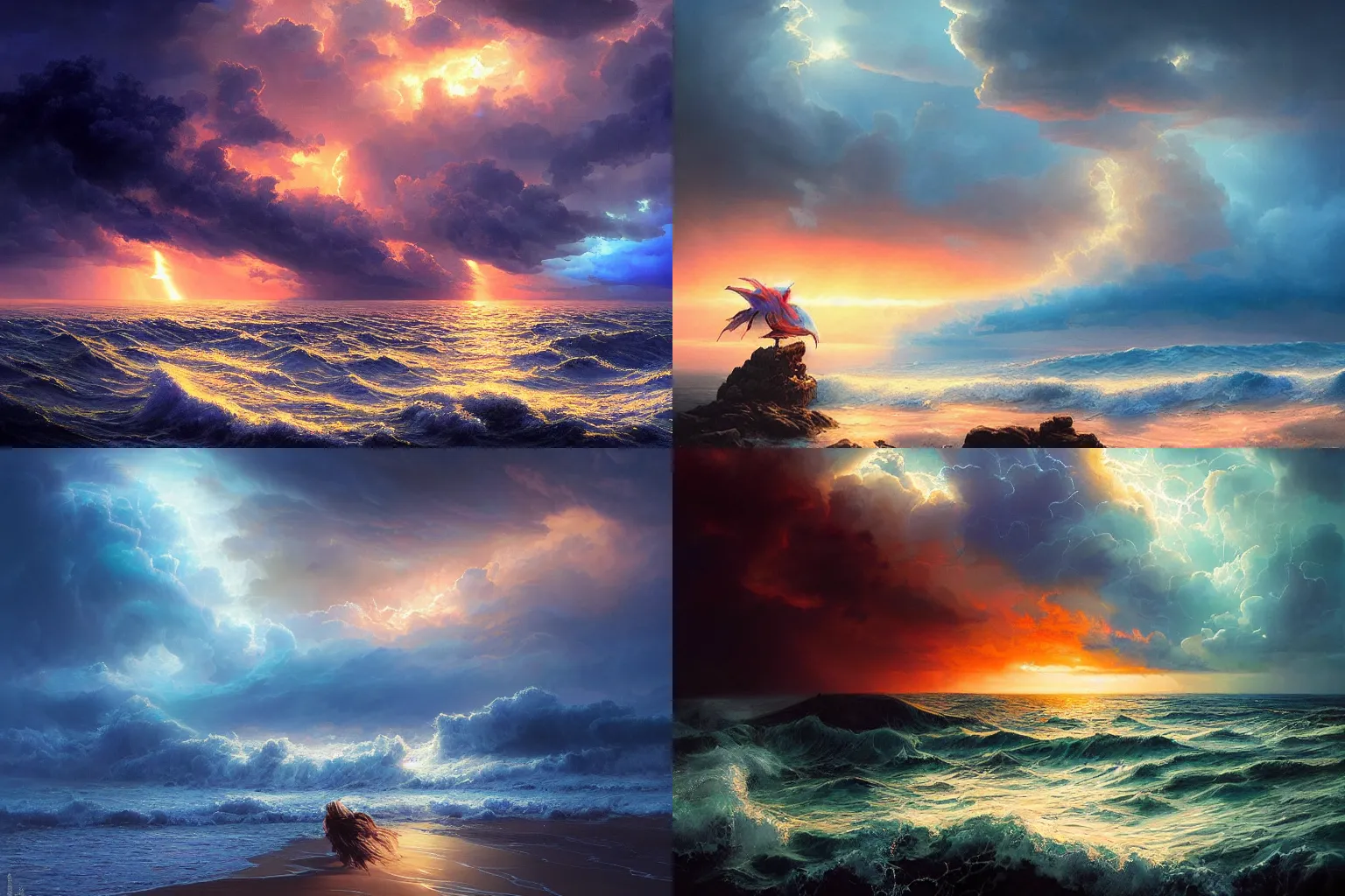 Prompt: rolling ocean, stormy sky, sunset, with blue light piercing through clouds, royal blue colors, lighting refraction, volumetric lighting, highly detailed, wlop, peter mohrbacher and greg rutkowski