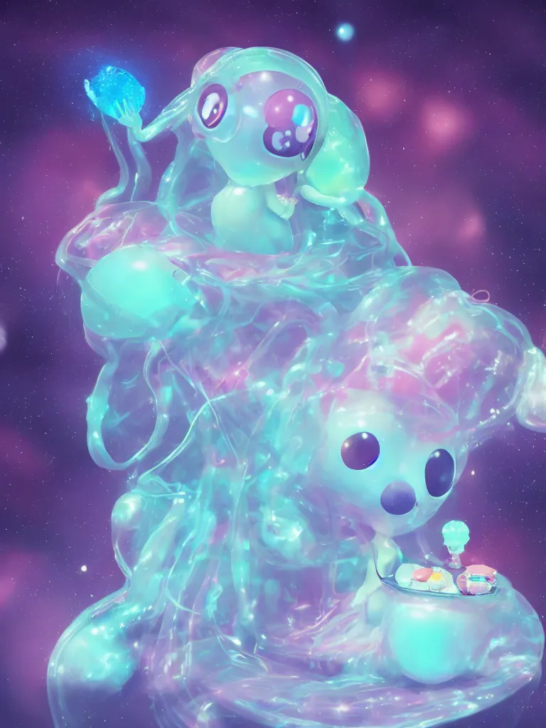 Image similar to cute fumo plush alien jellyfish girl sitting on a small island floating in the dark galactic abyss, heart eyes, vignette, vray