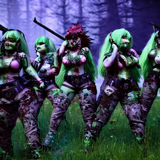 Prompt: squad of beautiful armed zombie girls in army of nurgl warhammer in fantasy green forest between a trees fights with a monster, dark fantasy, highly detailed, trending on artstation, Unreal Engine 4k